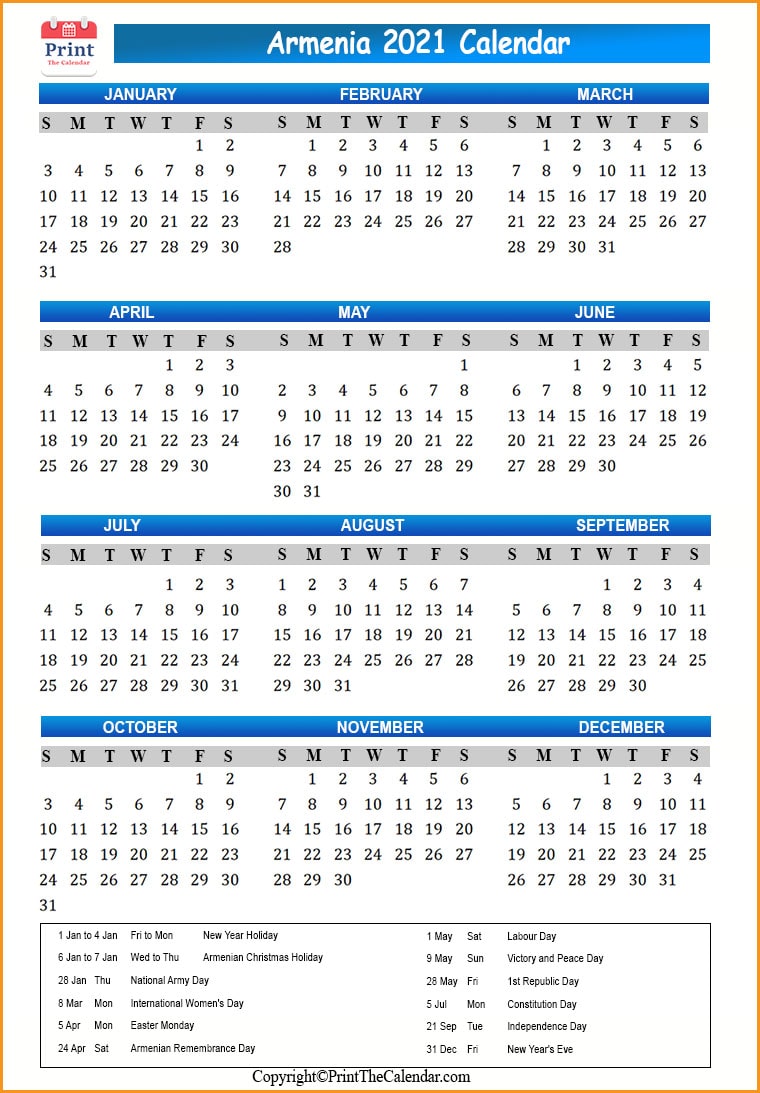 Armenia Calendar 2021